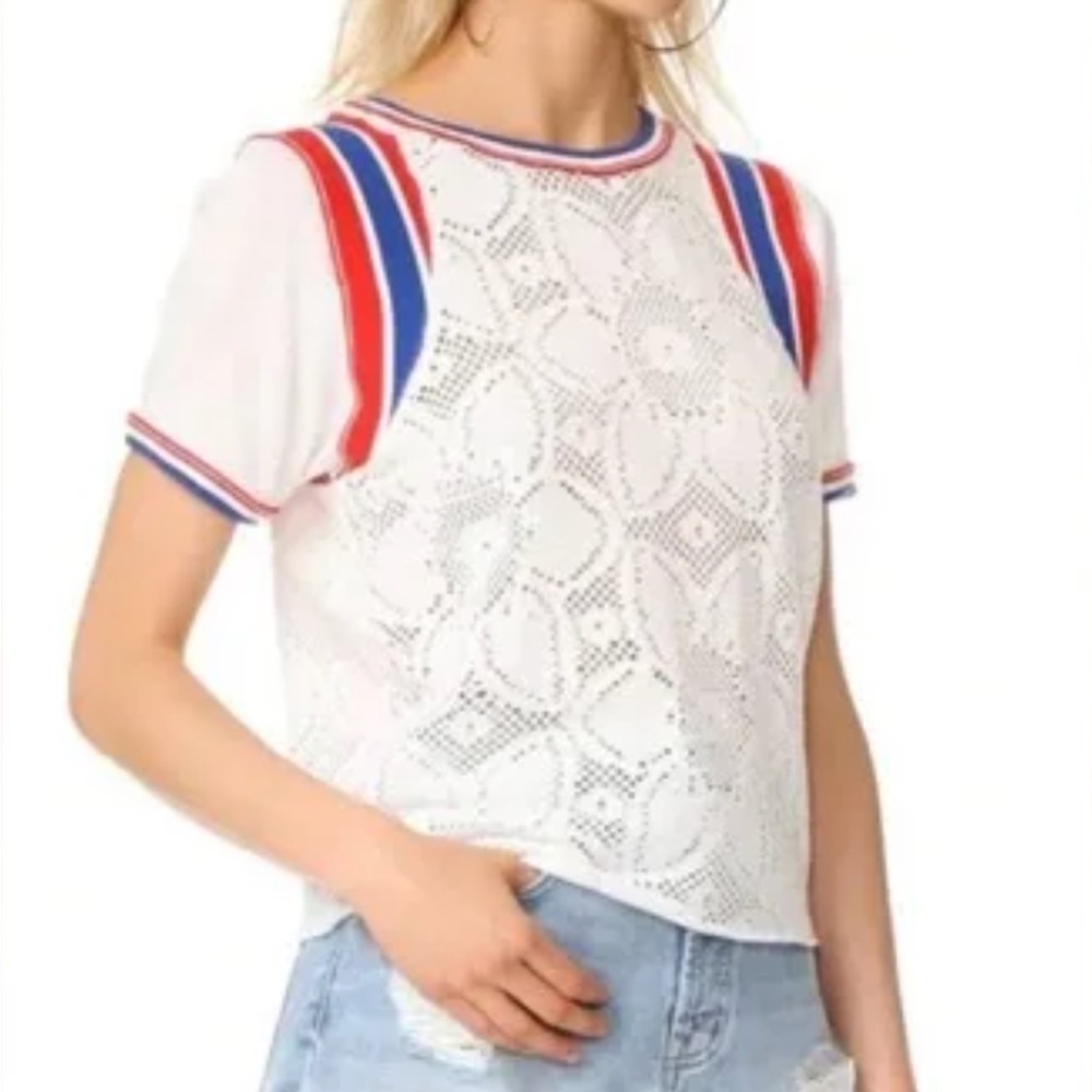 WE THE FREE Free People Red, White, Blue Lace Shirt w Varsity Stripes - Size M